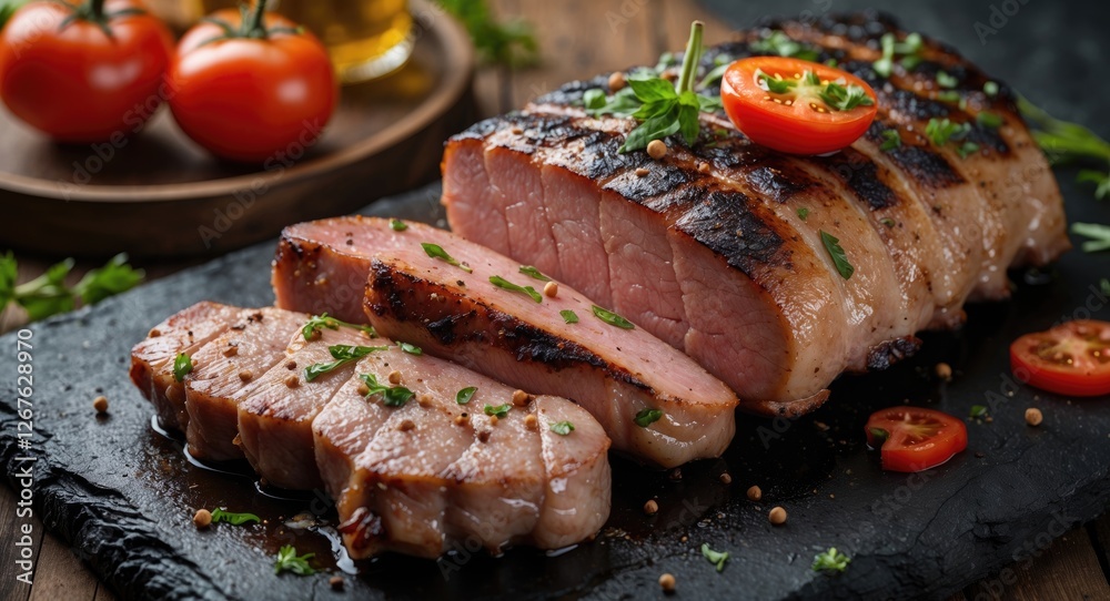 Poster grilled pork shaslik with cherry tomatoes and fresh herbs on slate board with empty space for custom