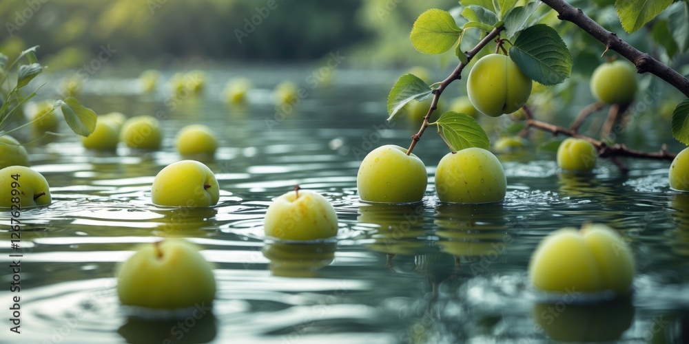 Poster Lush Green Plums Floating Serenely in Water with Calm Ripples and Space for Text Overlay in a Natural Background Setting