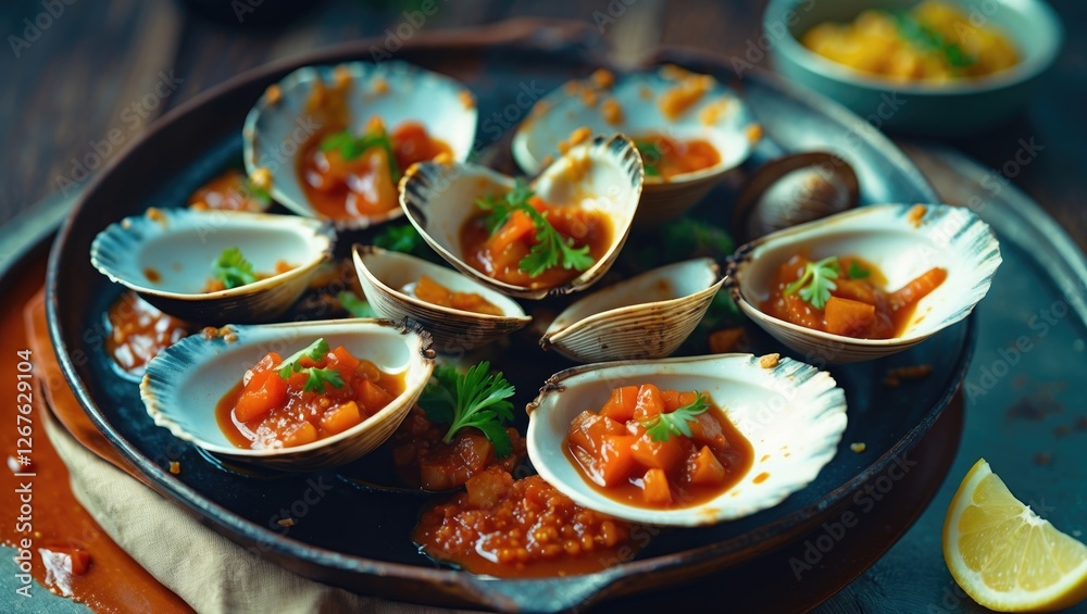 Poster Grilled Razor Clams in Spicy Sauce on a Rustic Plate with Garnish and Empty Space for Text for Culinary Promotions or Menus
