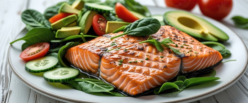 Poster grilled salmon fillet served with fresh spinach, cucumber, tomato and avocado salad on a white woode
