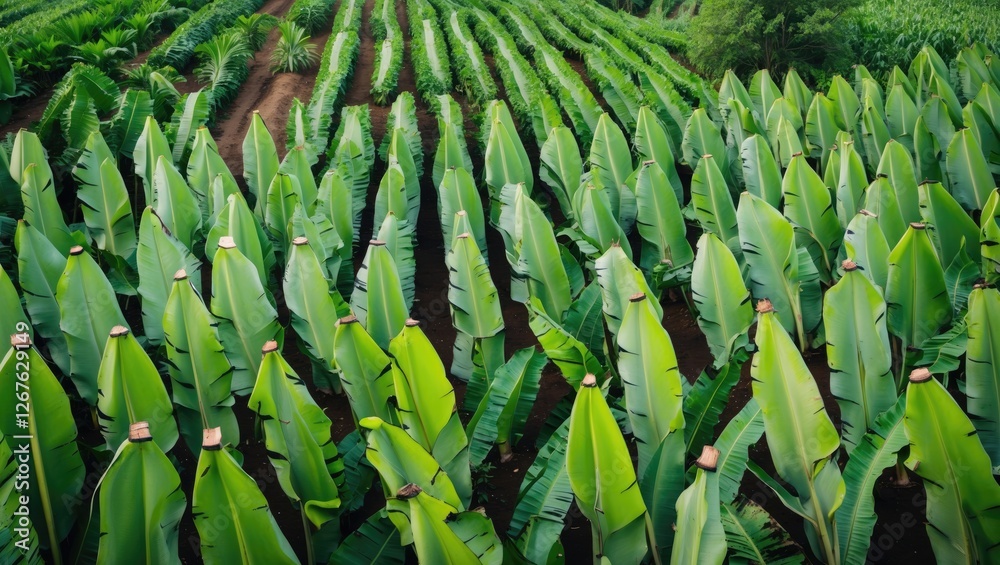 Poster lush green banana plantation with abundant foliage and clear space for text overlay