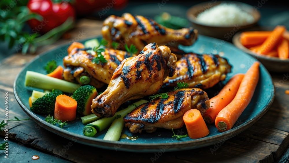 Aufkleber grilled chicken wings served with colorful vegetables and fresh carrots on rustic wooden table