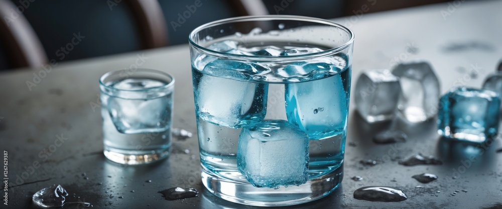 Poster Refreshing Glass of Cold Water with Ice Cubes on Table Surrounded by Droplets with Space for Text or Branding.