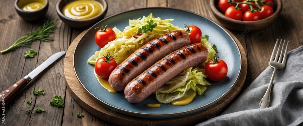 Poster grilled pork sausages on a plate with stewed cabbage cherry tomatoes and mustard sauce on a wooden t