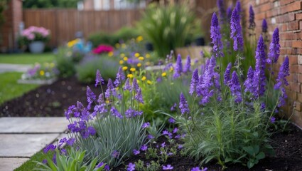 Vibrant purple flowers in a small urban garden showcase colorful landscaping with lush greenery and well-maintained flowerbeds.