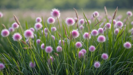 Obraz premium Colorful Pink Grass Flowers with Blurred Background and Copy Space for Text Display in a Natural Setting