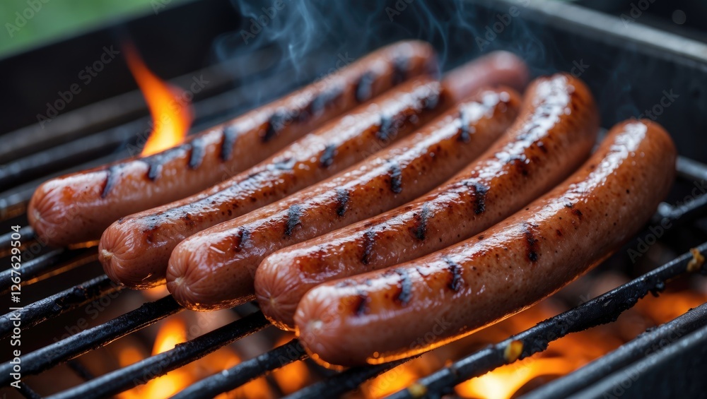 Poster grilled juicy sausages cooking over flames with smoky background and space for custom text overlay p