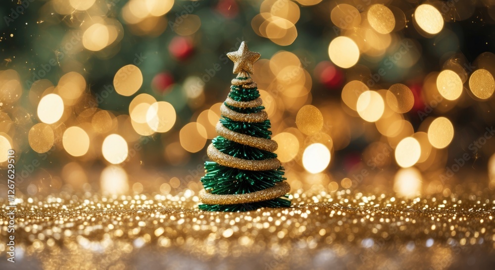 Poster festive golden glitter christmas tree with soft bokeh lights creating a warm holiday atmosphere in a