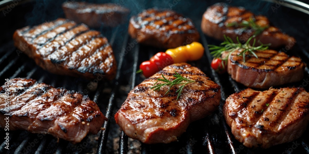 Poster grilled meat on barbecue with fresh vegetables and herbs against a dark background for promotional t