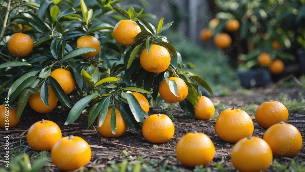 Poster Ripe oranges on a tree and scattered in a sunlit garden with green foliage creating a tranquil outdoor setting for text overlay