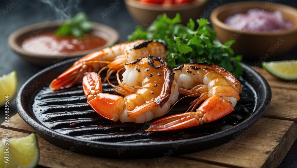 Poster grilled prawns on a hot plate surrounded by fresh ingredients and space for text in a culinary prese
