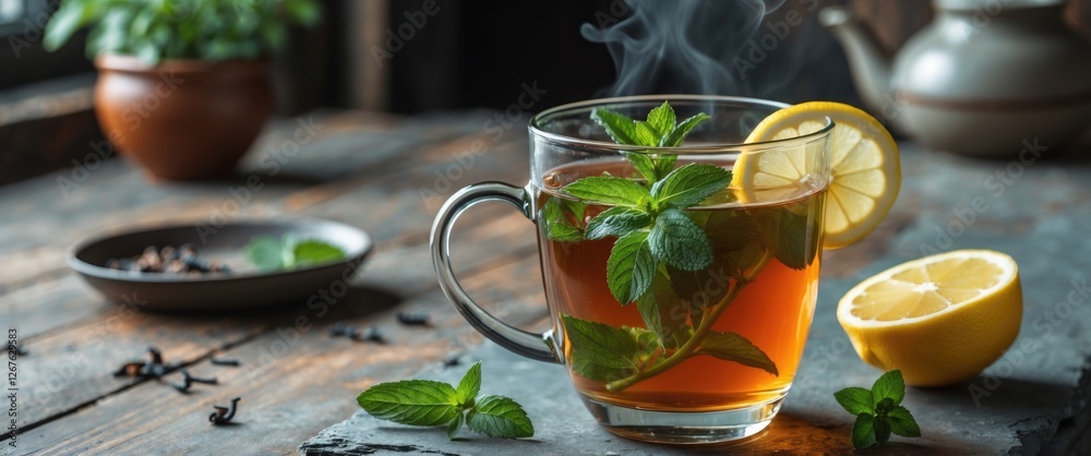 Poster Refreshing Herbal Tea with Mint and Lemon in Clear Glass on Rustic Table with Empty Space for Text or Advertising