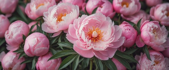 Pink Peony Flowers With Green Leaves And Soft Focus Ideal For Floral Backgrounds Or Invitations