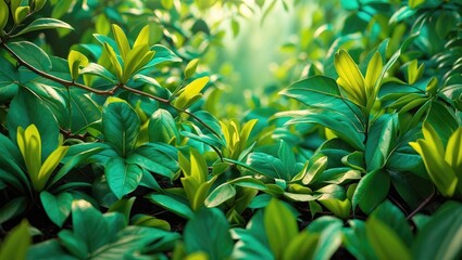 Obraz premium Lush Green Leaves in Springtime Sunlight Creating a Vibrant Nature Scene with Fresh Petals and Tranquil Atmosphere