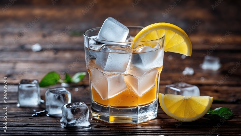 Poster Refreshing cold drink with ice cubes and lemon slices on a rustic wooden background ideal for summer beverage promotions.