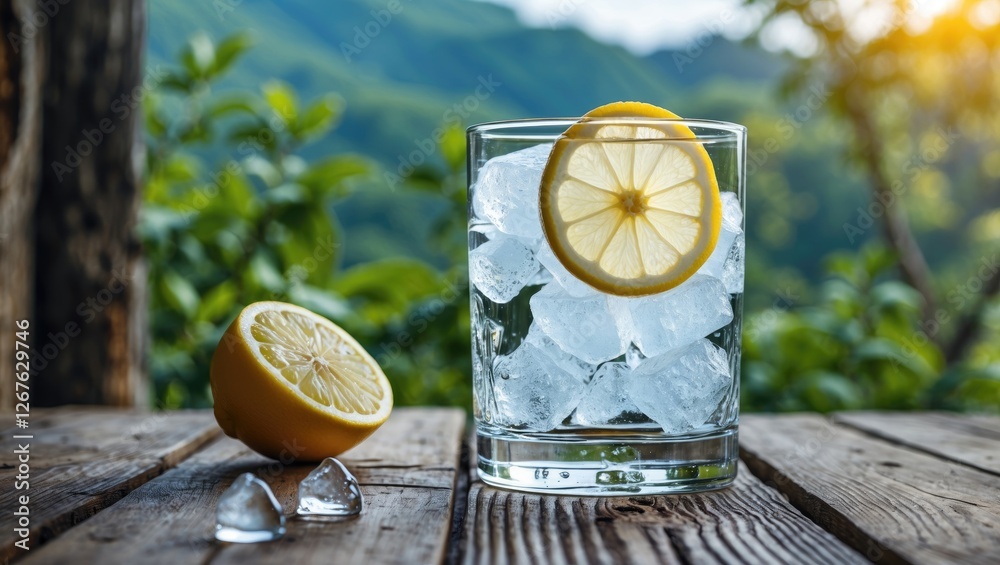 Poster refreshing cold drink with ice and lemon slice on wooden table in natural setting, perfect for summe
