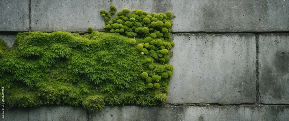 Poster Lush Green Moss Growing on a Textured Cement Wall with Space for Your Message or Design Elements
