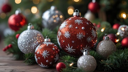 Festive glittering Christmas ornaments surrounded by pine branches and warm lights creating a cozy holiday atmosphere.