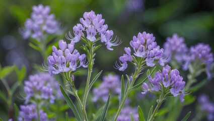 Obraz premium Purple Loosestrife Flowers with Lush Green Background and Space for Text or Graphics