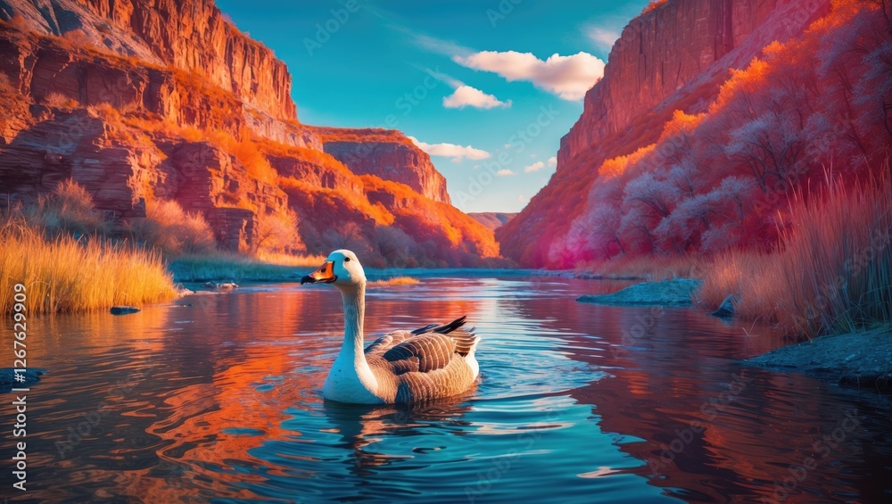Aufkleber Serene Goose Floating on a Vibrant River Surrounded by Majestic Cliffs and Autumn Landscape with Space for Text or Graphics