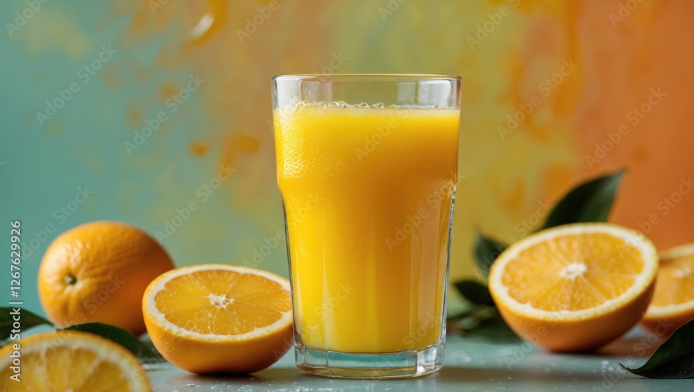 Poster Refreshing glass of freshly squeezed orange juice with vibrant color background and sliced oranges perfect for healthy lifestyle promotions.