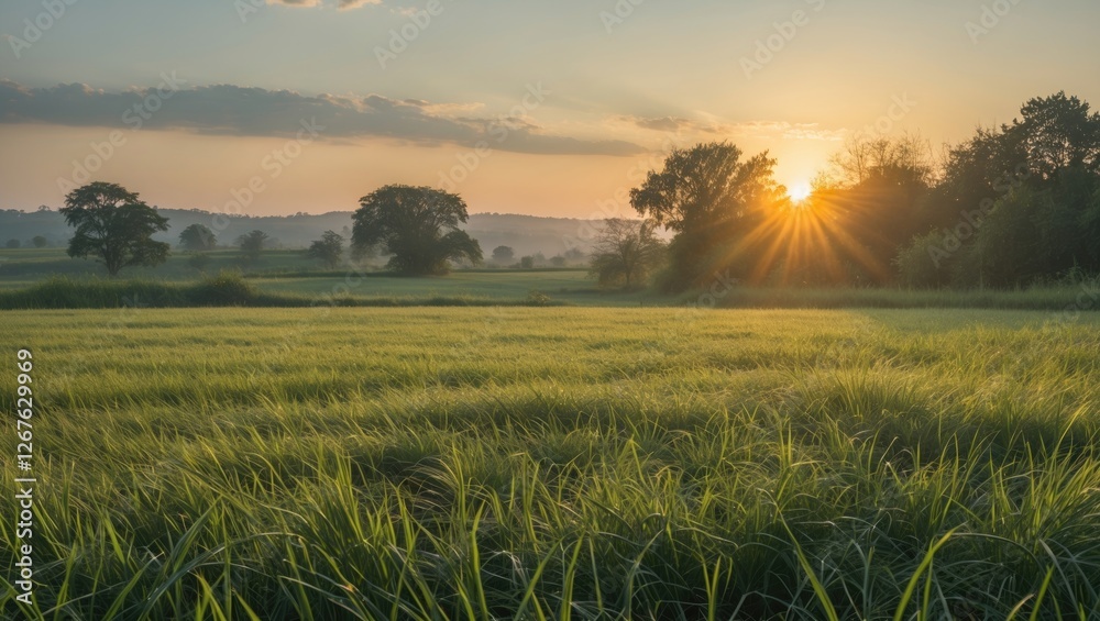 Aufkleber serene rural grass field at sunset with vibrant sun rays and expansive copy space for text and graph