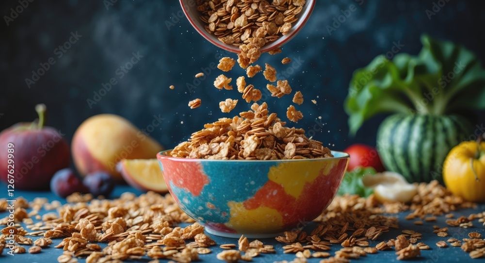 Poster Granola Cascading Into Colorful Bowl Surrounded By Fresh Fruits And Vegetables With Empty Space For Text And Marketing Content