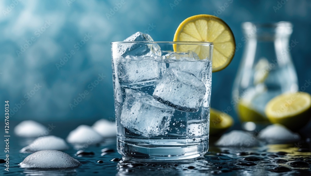 Poster Refreshing Glass of Soda Water with Ice and Lemon Slice on a Stylish Background with Space for Custom Text