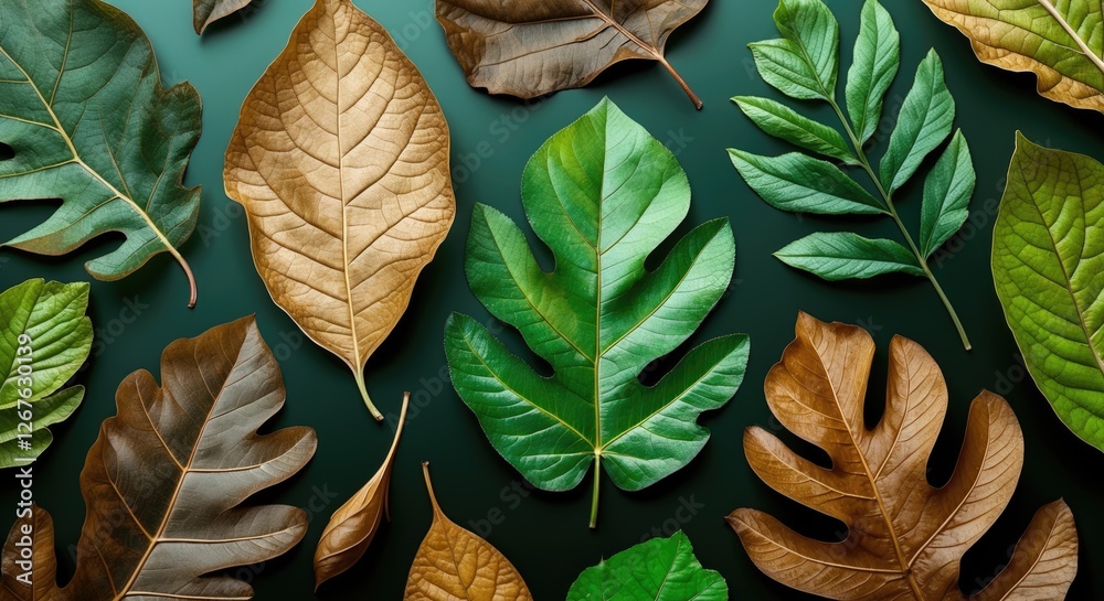 Poster diverse arrangement of vibrant green and brown leaves on a dark background showcasing natural textur