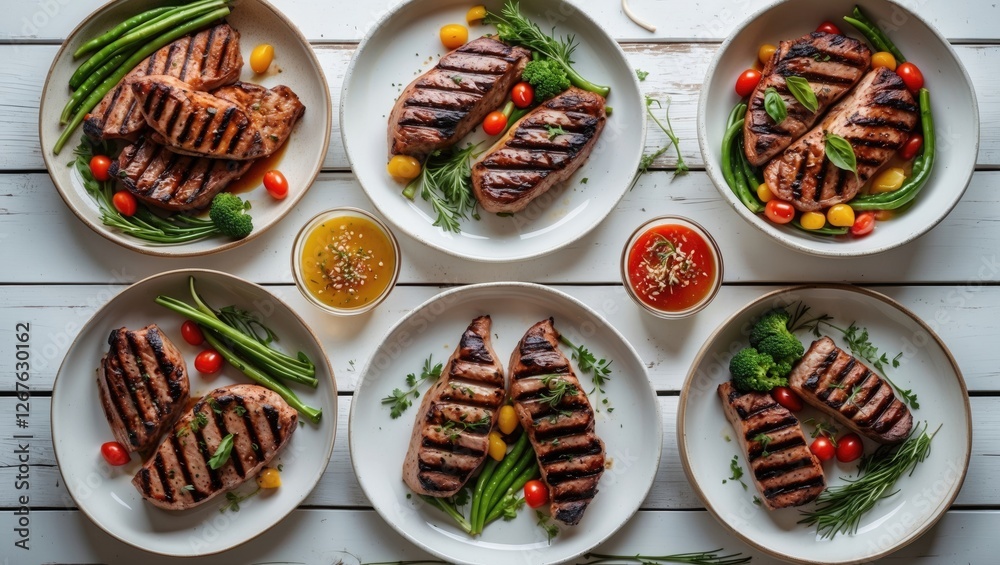 Aufkleber grilled meats and vegetables arranged on white plates with colorful garnishes and sauces on wooden t