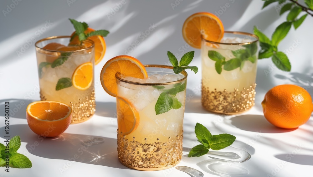 Poster stylish lemonade in golden glasses garnished with oranges and mint on a bright background, perfect f