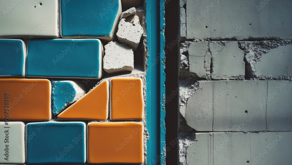 Poster colorful ceramic tiles meet a textured concrete wall showcasing an artistic intersection for unique 