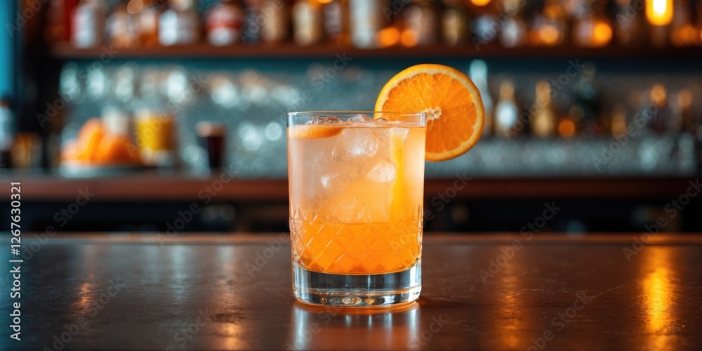 Aufkleber refreshing orange cocktail served over ice with garnish in modern bar setting ideal for beverage pro