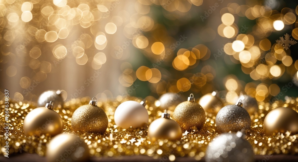 Poster elegant golden glitter and festive ornaments creating a dreamy christmas atmosphere with soft bokeh 