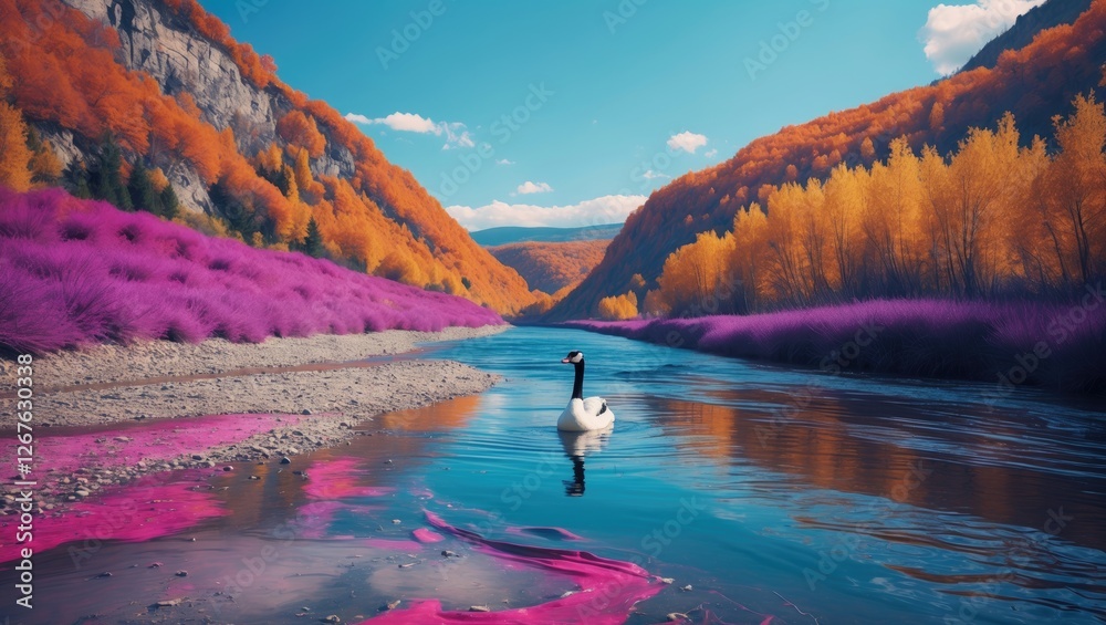 Poster serene landscape with a swan on river surrounded by vibrant autumn colors and blank space for text o