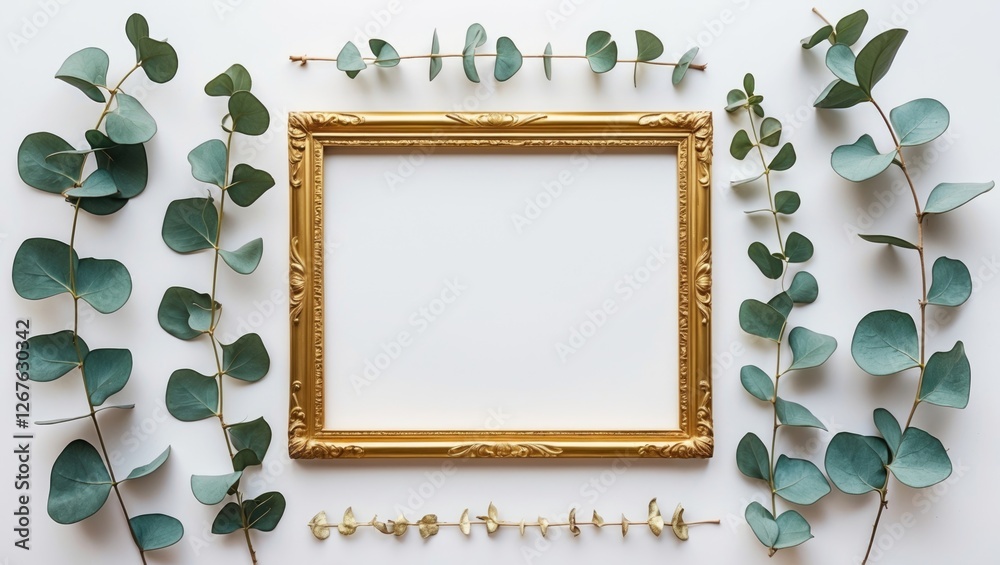 Aufkleber golden frame with eucalyptus leaves on white background for minimalist greeting card design, flat la
