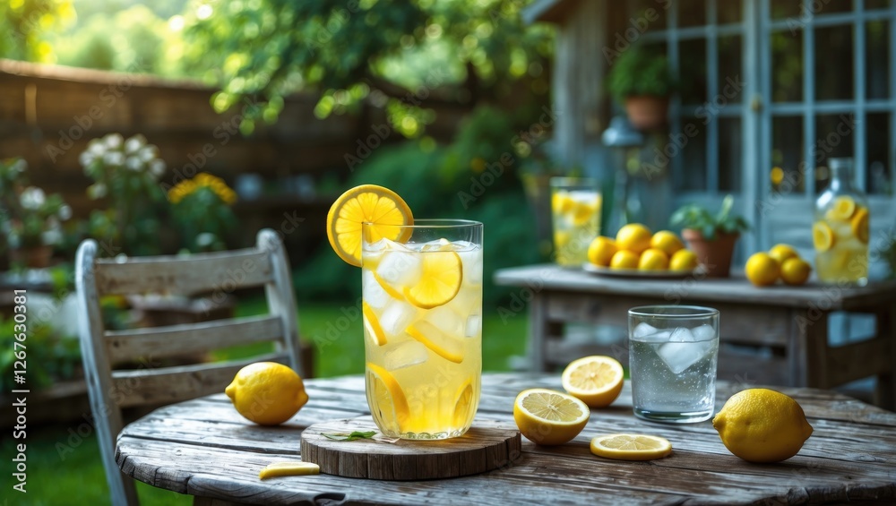 Poster refreshing homemade lemonade served on rustic wooden table surrounded by fresh lemons in serene gard