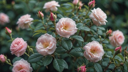 Delicate pink dog roses blooming amid lush green foliage with space for text, capturing the essence of natural beauty and tranquility.