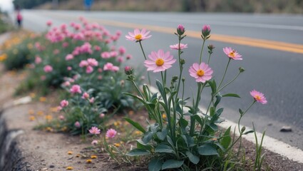 Wild Flowers Blooming Along Roadside with Empty Space for Text and Scenic Backdrop of Open Road and Nature