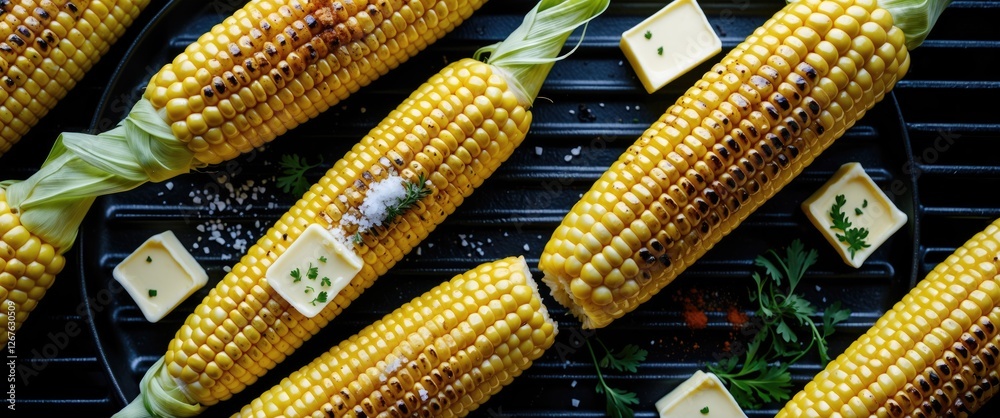 Poster grilled corn on the cob with butter and spices top view fresh ingredients on grill plate with space 