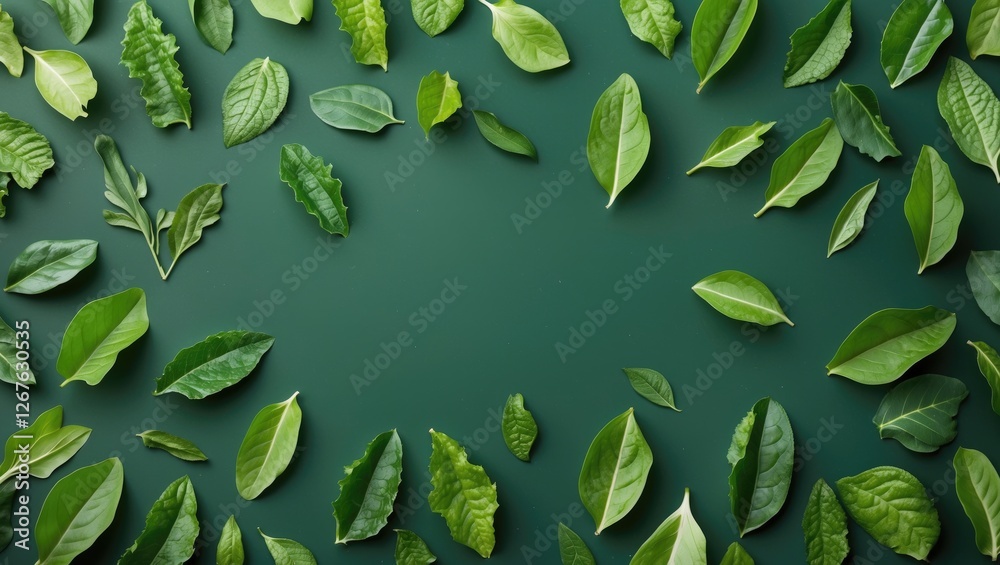 Poster Assorted Green Leaves on Dark Background With Empty Space for Text or Design Elements in Natural and Organic Style