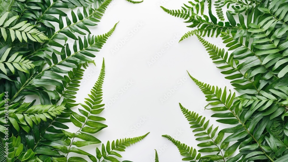 Poster Lush Green Fern Leaves Framing Empty Space on White Background for Text Copy or Design Elements