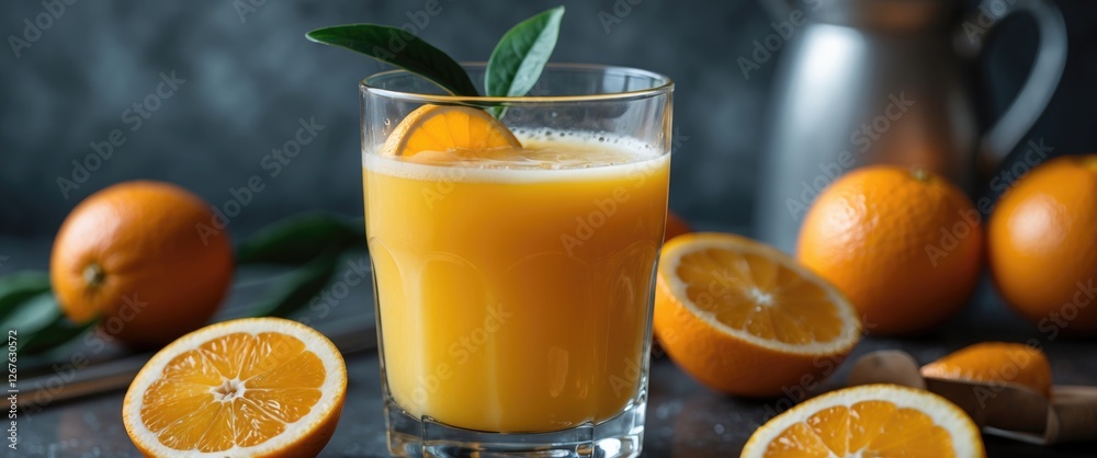 Poster freshly squeezed orange juice in a glass with garnish surrounded by whole and sliced oranges on a da