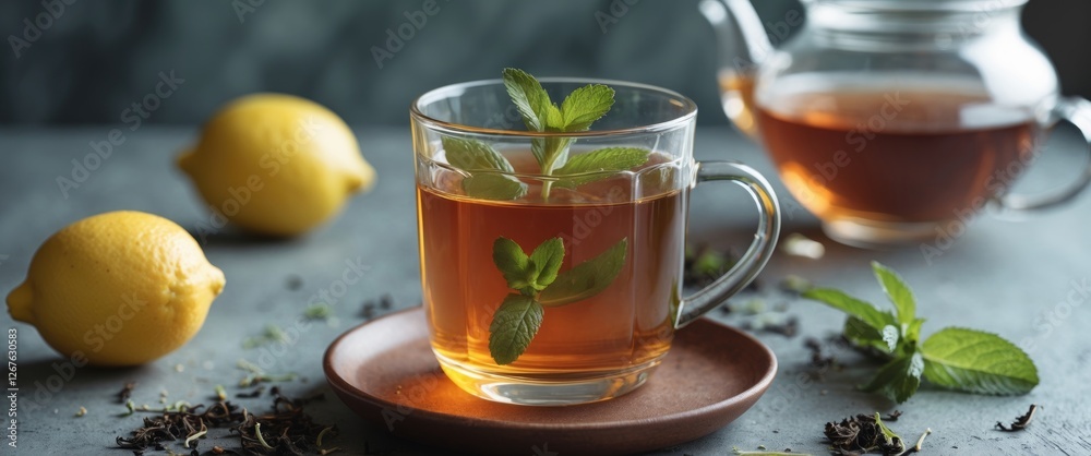 Poster Refreshing Glass of Mint Lemon Tea on Table with Teapot and Lemons Featuring Empty Copy Space for Text Display