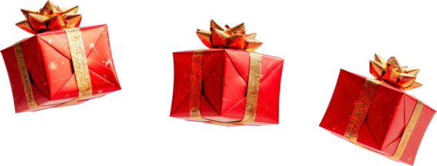 Three beautifully packed red boxes with golden ribbons isolated on transparent background. Holiday, surprise and joy, birthday, christmas, valentine's day