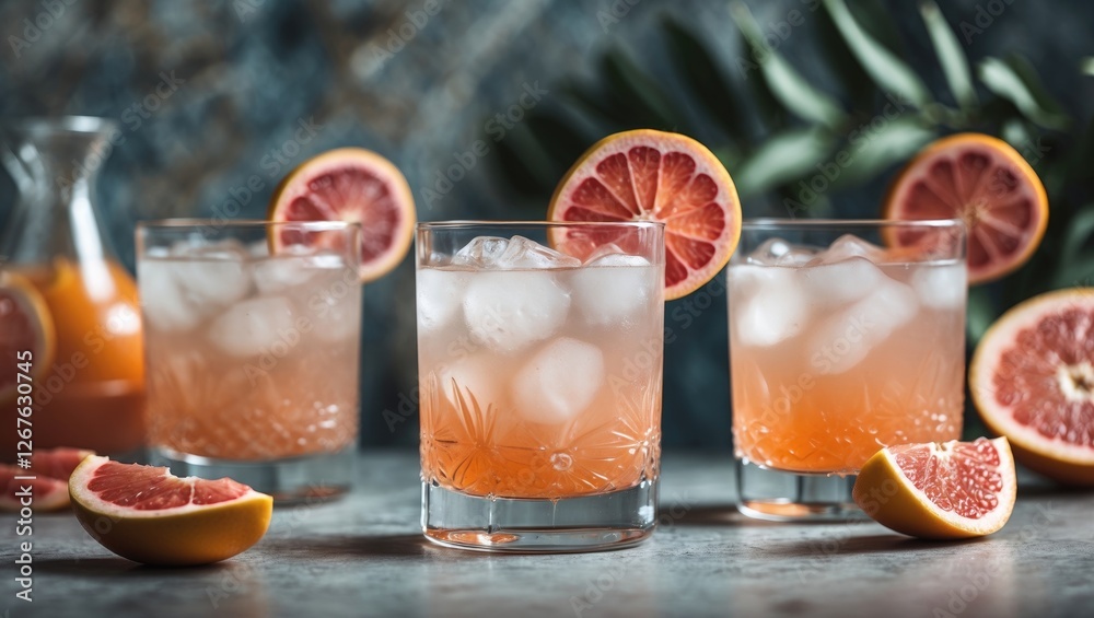 Poster refreshing grapefruit cocktails served over ice with citrus slices and tropical greenery in the back