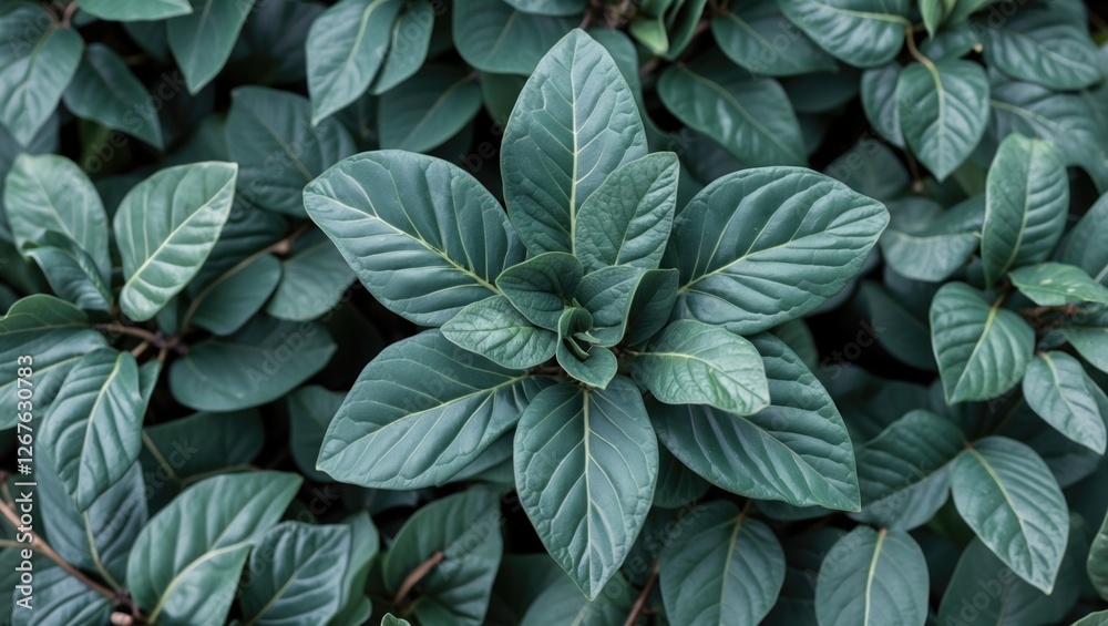 Poster Lush green plant leaves viewed from above showcasing intricate textures and natural patterns in a vibrant botanical setting.