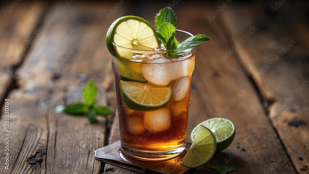 Poster Iced Tea with Lime and Mint Garnish on Rustic Wooden Table Refreshing Drink with Copy Space for Beverage or Summer Promotion Background