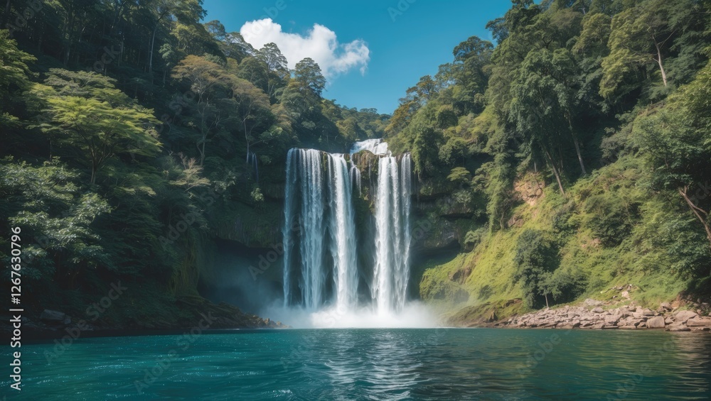 Poster stunning waterfall cascading into a serene pool surrounded by lush greenery and a clear blue sky ide