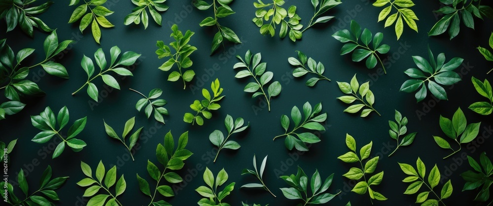 Poster leafy green pattern background with varied foliage displayed on dark surface for natural aesthetic a